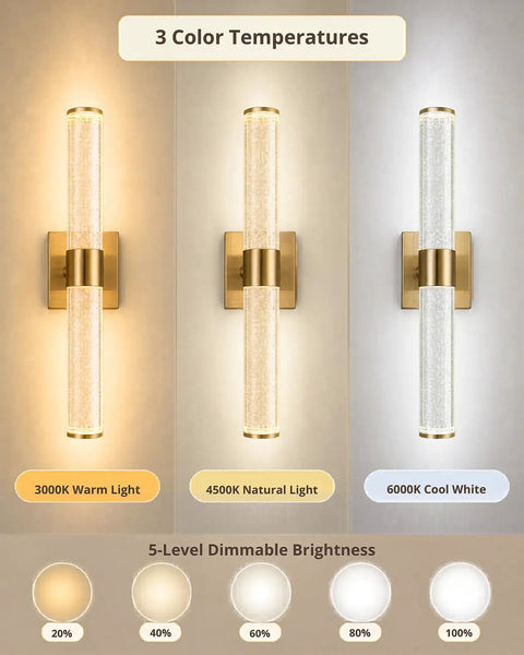 Two Pack Battery Operated Wall Sconces with gold finish, showing 3 color temperatures and 5 brightness levels for indoor mood lighting.
