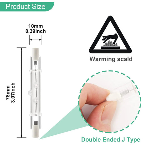 R7S 150W 120V Halogen Light Bulbs Double Ended T3 78mm size diagram with safety warning for scalding