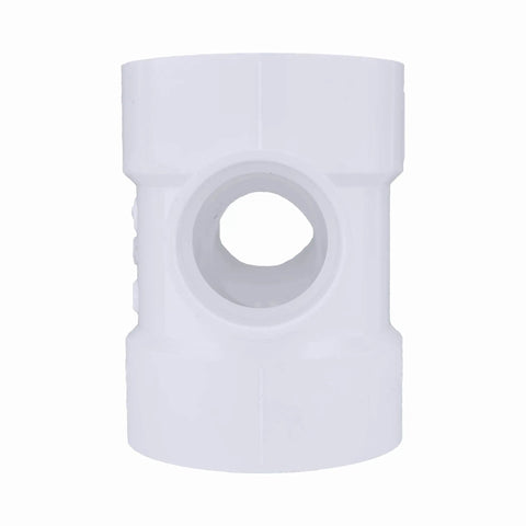 Front view of 4 x 4 x 2 x 2 DWV Sanitary Tee Reducer Double Tee White PVC Drain Waste Vent Fitting, Lightweight And Easy To Install, Not For Pressure Use, Made In USA, 1 Unit Piece