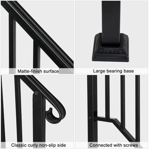 Heavy Duty Wrought Iron Handrails For Outdoor Steps, solid black metal grab bars with matte finish and sturdy bearing base.