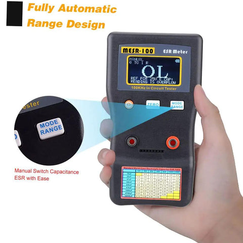 Hand holding Pro Grade Capacitor ESR And Ohm Meter V2 With Auto Ranging 0.001 To 100.0 Ohms, SMD Test Clip, In Circuit Testing device