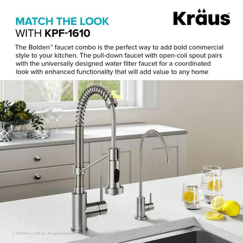 Purita No Lead Kitchen Water Filter Faucet With Spot Free Stainless Steel Finish next to Kraus KPF-1610 commercial style faucet.