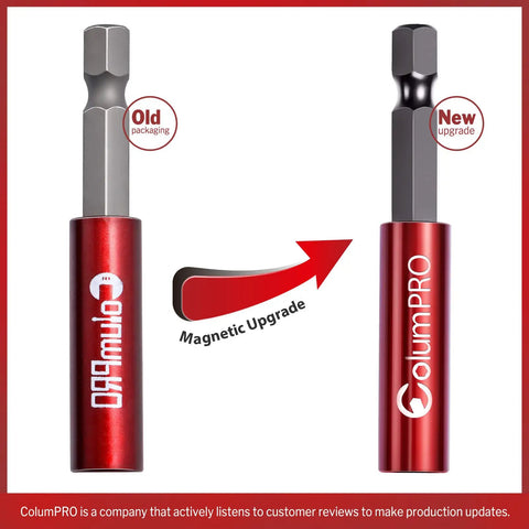 Comparison of old and new magnetic bit holder upgrades by ColumPRO, part of Ten Piece Magnetic Extension Bit Holder Set With Hex Shank One Quarter Inch S2 Steel Bits Aluminum Alloy Sleeve Quick Change Screwdriver Extension Durable Magnetic Bit Holder For Drill And Driver.