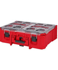 Red Deep Packout 20 Inch Organizer Case for Tools and Hardware, heavy duty stackable black storage box with clear lid compartments.