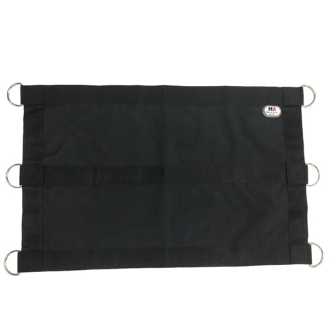 Top Shelf 1200D Horse Stall Guard With Adjustable Straps And Replaceable Black Hardware For Locking Down Secure Stable Safety And Bulletproof Equine Barrier Gear, black fabric with rings.
