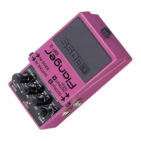 BF-3 Flanger Guitar Effects Pedal With Momentary Mode, showing control knobs and input/output jacks, in purple casing.