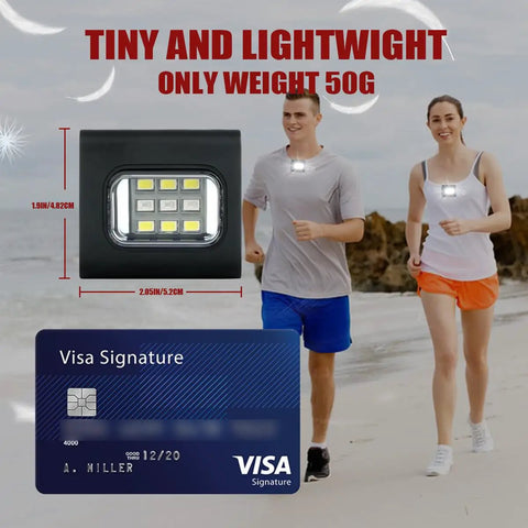 Two Pack USB Rechargeable LED Running Light With Magnetic Clip Water Resistant Four Modes Ultra Bright Night Running Safety Lights size comparison with credit card