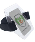 Premium Solid Durable Armband Badge Holder With Hella Secure Stretchy Strap And Easy Hook Loop Fastener For Work Credentials Cards And Passes One Size Fits attached to ID card.