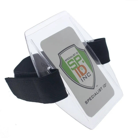 Premium Solid Durable Armband Badge Holder With Hella Secure Stretchy Strap And Easy Hook Loop Fastener For Work Credentials Cards And Passes One Size Fits attached to ID card.