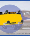Heavy Duty Stainless Steel Anti Theft License Plate Screws Set Includes Eight Tamper Resistant Hex Bolts securing a yellow New York license plate.