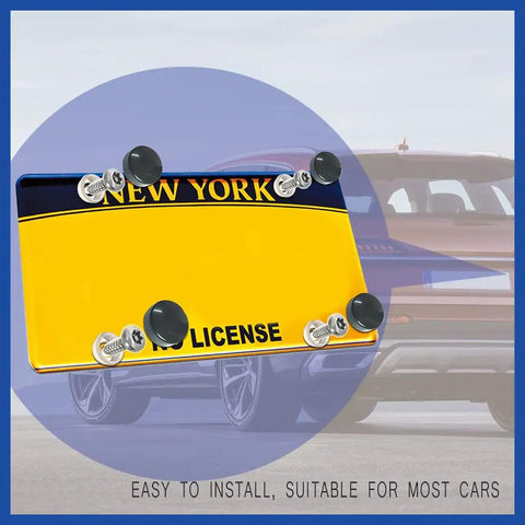 Heavy Duty Stainless Steel Anti Theft License Plate Screws Set Includes Eight Tamper Resistant Hex Bolts securing a yellow New York license plate.