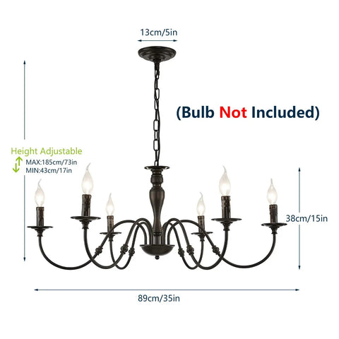 Six Light Black Farmhouse Chandelier With Rustic Industrial Iron Build Modern Metal Candle Style Ceiling Light, dimensions shown