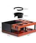 Solid Walnut Coffee Tamping Station And Espresso Knock Box Featuring Double Layer Accessory Storage Fits 51 54 58mm Portafilters with measurements.