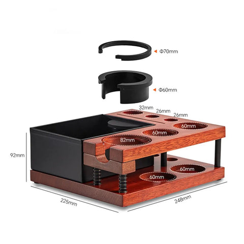 Solid Walnut Coffee Tamping Station And Espresso Knock Box Featuring Double Layer Accessory Storage Fits 51 54 58mm Portafilters with measurements.