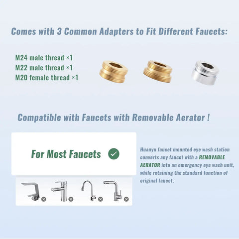 3 adapter fittings for Faucet Mounted Eyewash Station With 360 Degree Rotation No Fuss Emergency Eye Wash Attachment For Sink Or Laundry Room Easy Install Adjustable Direction ANSI Z358.1 Compliant Converts Any Faucet With Removable Aerator Includes 3 Adapters