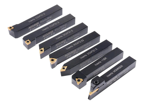 1/2 Inch Shank 7 Piece Indexable Carbide Turning Tool Set With 10 Extra TiN Coated Inserts For Pro Grade Smooth Cutting Of Mild Steel And Cast Iron MGEHR0 Holders Included displayed in a row