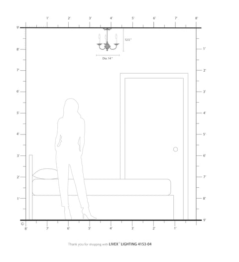 Diagram illustrating Three Light Black Mini Chandelier With Transitional Steel Design, Compact 14 By 14 Inch Ceiling Fixture For Modern Home Decor.