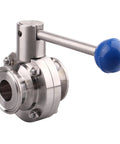 Side view of a 1.5 inch tri-clamp sanitary butterfly valve with pull handle, stainless steel 304 and blue knob