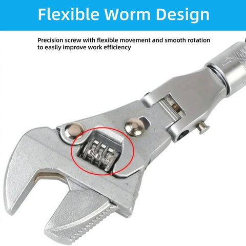 Close-up of Versatile Flexhead Adjustable Wrench 10 To 12 Inch Ratcheting Crescent Wrench with retractable extension and rotation