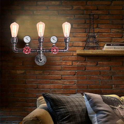 Water Pipe Wall Lamp Steampunk Sconce Three Light Vintage Rustic Copper Color Wall Mount Fixture with E26 Socket in living room