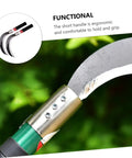 Close-up view of Two Pack Manganese Steel Reaping Hook Weeding Sickle With Ergonomic Short Handle, green background