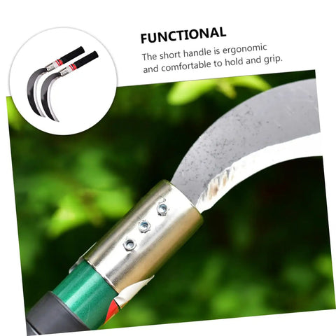 Close-up view of Two Pack Manganese Steel Reaping Hook Weeding Sickle With Ergonomic Short Handle, green background