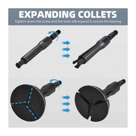 Expanding collets from 16 Piece Inner Bearing Puller Set For Auto Wheel Bearings, No Fuss Blind Bearing Removal Tool Kit.