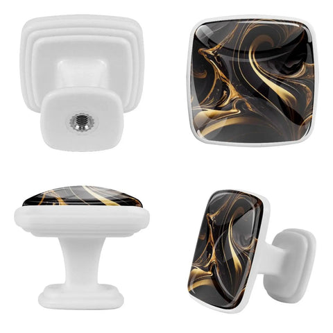 Abstract Marble Fluid Art Black Gold Drawer Handles 4 Pack Glass ABS Cabinet Pulls With Screws And Hardware For White Cabinets