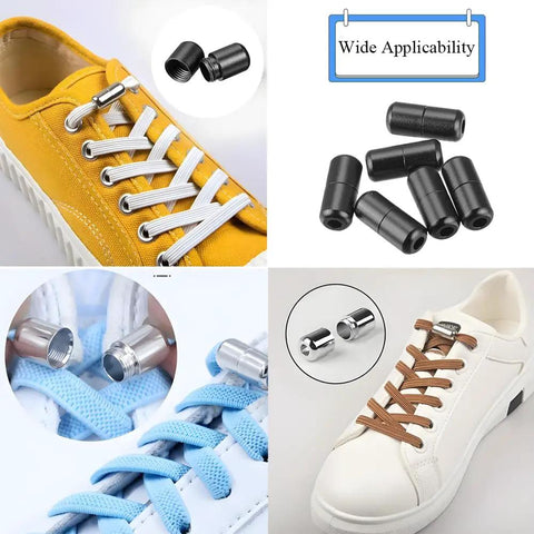 No Tie Shoe Buckle Set For Easy Slip On Lacing Metal Turnbuckle Lock Clips Rotating Ends Laces Caps 6 Pack Sturdy Alloy Smooth And Burr Free Fits Adults Sneakers Boots No Tie Convenience on yellow and white sneakers