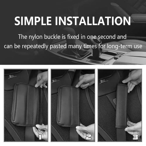 Universal Car Seat Belt Cover Pads Crafted From Breathable Leather With Thick Soft Sponge Padding, shown in installation steps for easy fitting.