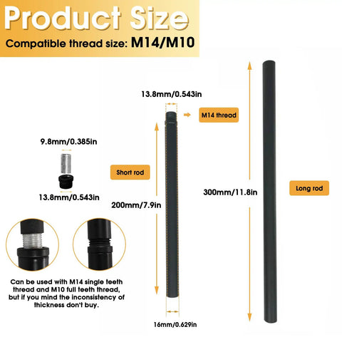 Product size diagram of Heavy Duty Matte Black M14 Threaded Extension Rods With 7.9 And 11.8 Inch Light Fixture Downrods.
