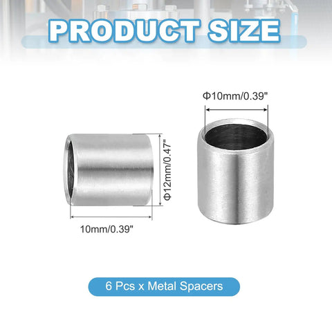Six Piece Stainless Steel Spacers Set Built To Last, 10mm ID, 12mm OD, 10mm Thick, 304 Stainless Steel Unthreaded Round Bushings, Screw Standoff Spacers For 3/8 Inch Bolts And M10 Fasteners. 6 pcs metal spacer size diagram