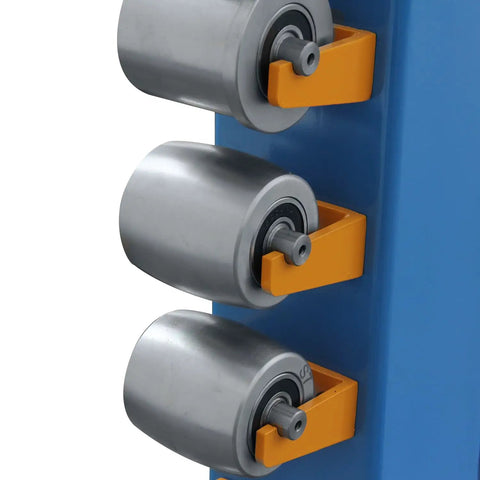 Close-up of Heavy Hauler 45 Inch English Wheel rollers showcasing smooth bearings for metal fab work with 16 gauge steel.