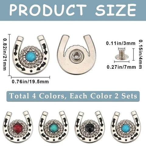 Knockout Western Horseshoe Screw Back Conchos 19mm Turquoise Gemstone Alloy Rivets, detailed size and color options.
