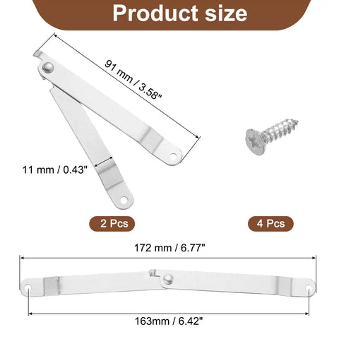Two Pack 6.7 Inch Folding Lid Stays Built Like A Tank Heavy Duty Metal Hinges No Sweat Setup Ideal For Wooden Crates Display Trunks And Vintage Treasure Chests Silver Hardware dimensions with screws