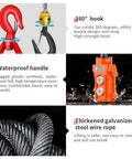 Upgraded 3 In 1 Electric Hoist Winch With 1100Lbs Capacity And 110V Power Featuring Wireless Remote Wired Control Plus Manual Options For Easy Lifting Tasks At Home Or Workshop Portable Design Weighs Just 22 Pounds showing 360° hook, waterproof handle, and thickened wire rope details.
