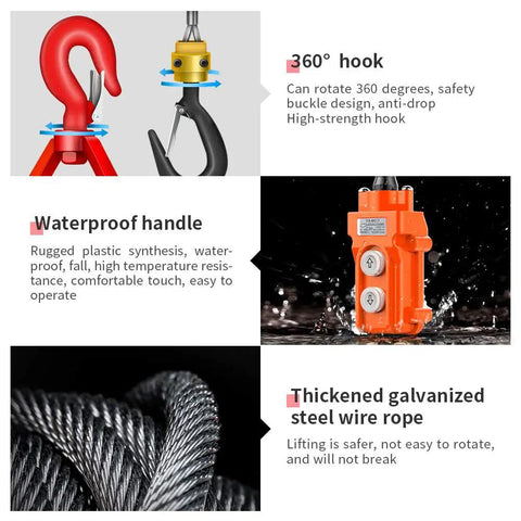 Upgraded 3 In 1 Electric Hoist Winch With 1100Lbs Capacity And 110V Power Featuring Wireless Remote Wired Control Plus Manual Options For Easy Lifting Tasks At Home Or Workshop Portable Design Weighs Just 22 Pounds showing 360° hook, waterproof handle, and thickened wire rope details.
