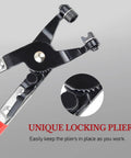Close-up of hose clamp pliers with locking mechanism, part of 9 Piece Hose Clamp Pliers Set With Flexible Long Reach For Automotive Coolant Radiator Heater And Water Lines Locking Mechanism Carbon Steel With Black Oxide Finish Ergonomic Grip Red Auto Clamp Removal Tool Kit.
