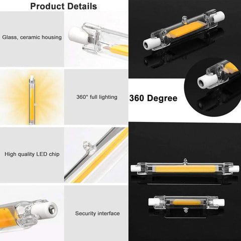 Detailed view of 20W R7S LED Bulbs 118mm 3000 Lumens Dimmable Cool Daylight 6000K with 360 Degree beam and ceramic housing.