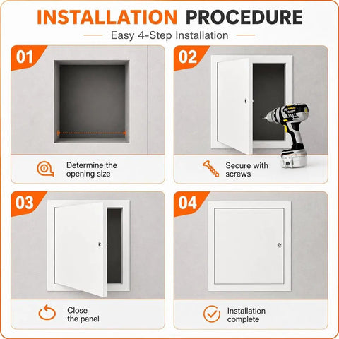 Installation procedure for Heavy Duty Aluminum Access Door With Key Lock Tough As Nails Drywall Access Panel steps 1-4.