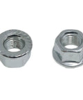 Two three eighth inch carbon steel bicycle axle nuts and flange shaft nuts with washers for road and mountain bikes, close-up.