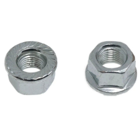 Two three eighth inch carbon steel bicycle axle nuts and flange shaft nuts with washers for road and mountain bikes, close-up.