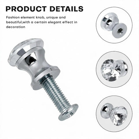 Super Sparkle 16-Pack Crystal Glass Cabinet Knobs With Shiny Aluminum Bases showing crystal knob detail with strong screw for drawers.
