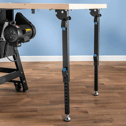 Knock Down Outfeed Table Kit With Foldable Legs For Small Shops setup with removable extension and levelers on table saw.