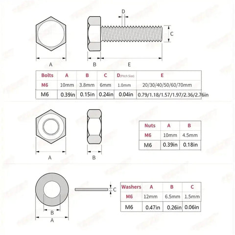 144 Piece M6 Hex Bolts Nuts Washers Set Six Sizes 20 To 70mm Beefy Heavy Duty Stainless Steel Fastener Kit For Home Garage And Workshop Projects Durable Threads Easy Fastening, M6 sizes diagram