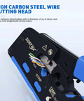 Close-up of All In One Ethernet Crimping Tool Kit with Wire Stripper head, featuring high carbon steel cutting mechanism.