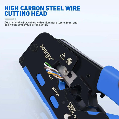 Close-up of All In One Ethernet Crimping Tool Kit with Wire Stripper head, featuring high carbon steel cutting mechanism.