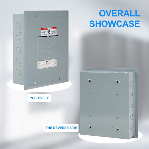 Front and back view of Eight Space 125 Amp Circuit Breaker Panel Load Center For Home And Small Biz Use 120V And 240V Electrical Distribution Box In Indoor NEMA 1 Steel Enclosure