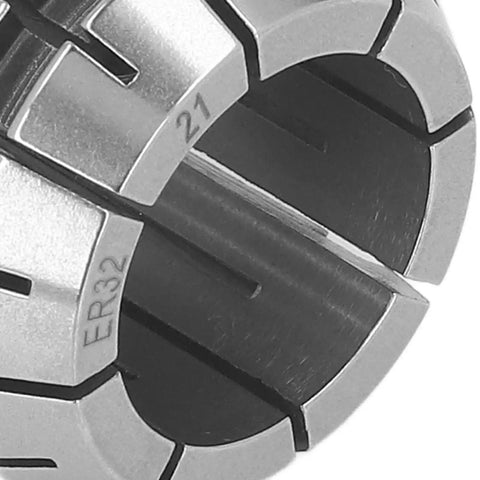 Top Tier Spring Collet Chuck for CNC Engraving And Router Milling Lathe With High Precision Carbide Workholding Plus ER Spindle Compatibility For Machining Centers At Just 21mm Diameter close-up view of 21mm ER32 spring collet chuck in polished steel.