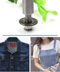 20 Piece Jeans Button Tack Kit With 17mm Metal Snap Fasteners For Jeans Jackets Backpacks And Other Heavy Fabrics Replacement Press Stud Set Includes Handy Storage Box Style Three shown with denim applications.